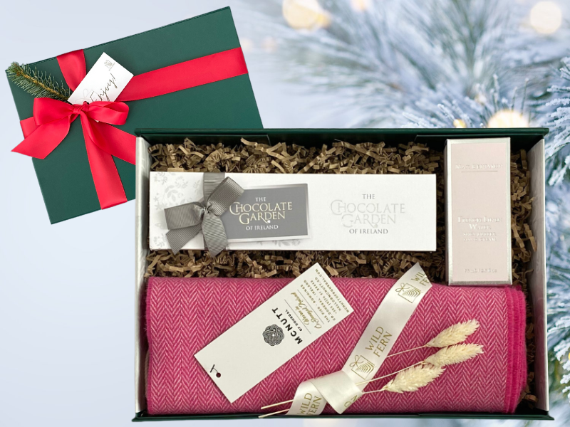 Looking for gift ideas? ladies gift box, made in Ireland, luxury Irish brands. Max Benjamin Hand Cream. Raspberry  McNutt scarf. Box of Chocolate. Locally made. Perfect for corporate gift and occasion gifts .  