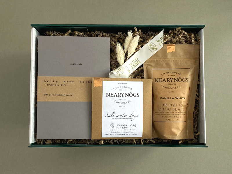 Looking for corporate gift ideas? Welcome back to the office.  Gift box, made in Ireland, luxury Irish brands. Luxury hot chocolate. Chocolate. Badly made books notebook.   Locally made. Perfect for corporate gift and occasion gifts .  