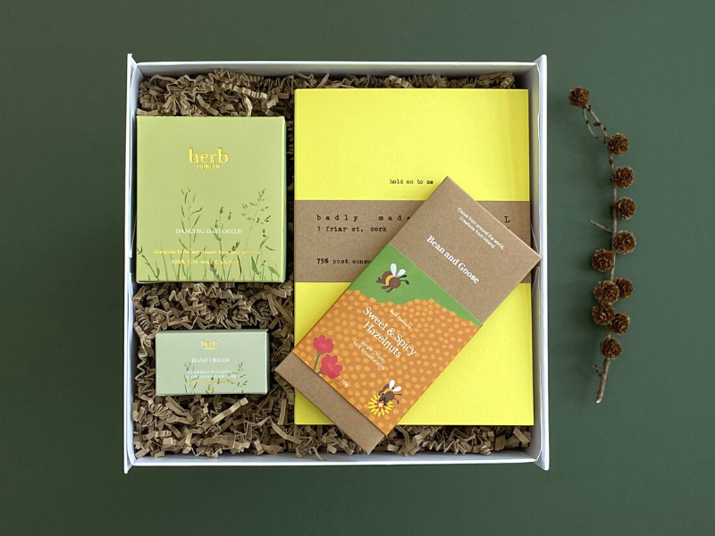 Looking for corporate gift ideas? Welcome back to the office.  Gift box, made in Ireland, luxury Irish brands. Herb Dublin candle. Herb Dublin hand cream. Luxury Chocolate. Badly made books notebook.   Locally made. Perfect for corporate gift and occasion gifts .  
