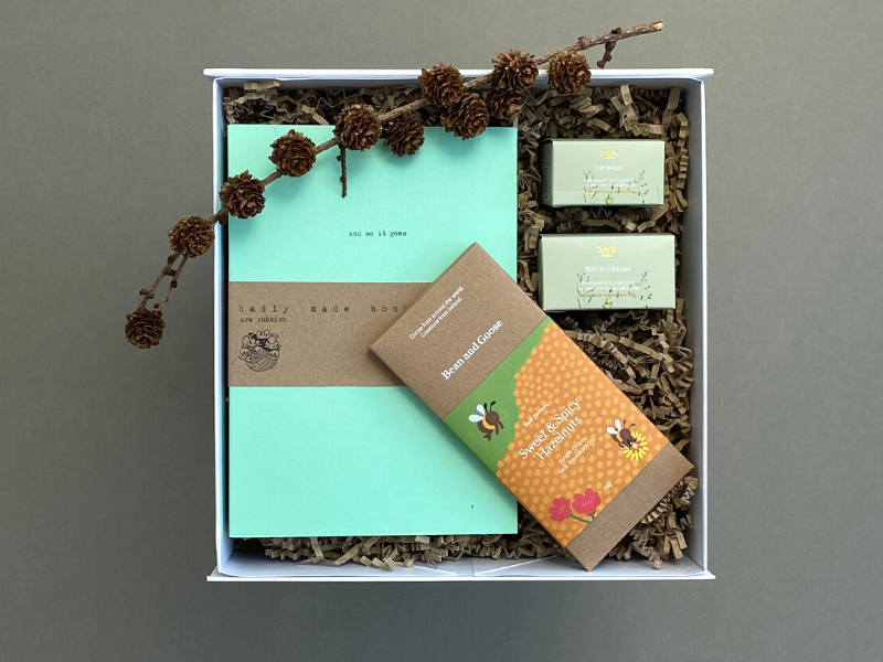 Looking for corporate gift ideas? Welcome back to the office.  Gift box, made in Ireland, luxury Irish brands. Herb Dublin lip balm. Herb Dublin hand cream. Luxury Chocolate. Badly made books notebook.   Locally made. Perfect for corporate gift and occasion gifts .  