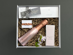 Looking for gift ideas? ladies gift box, made in Ireland, luxury Irish brands. Max Benjamin hand cream. Prosecco. Tipperary Crystal Earrings. Box of Chocolate. Locally made. Perfect for corporate gift and occasion gifts
