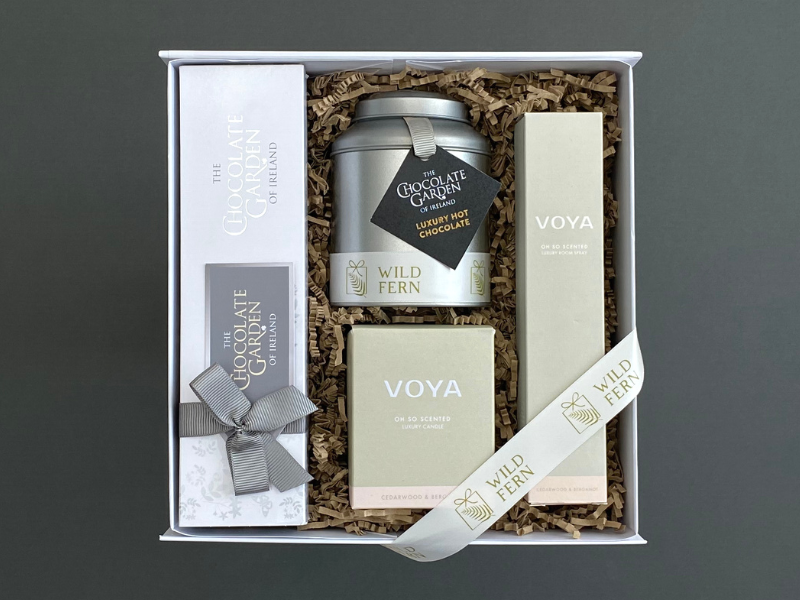 Looking for gift ideas? Gift box, made in Ireland, luxury Irish brands. box of chocolate and hot chocolate.. VOYA room spray and Voya candle.  Locally made. Perfect for corporate gift and occasion gifts .  