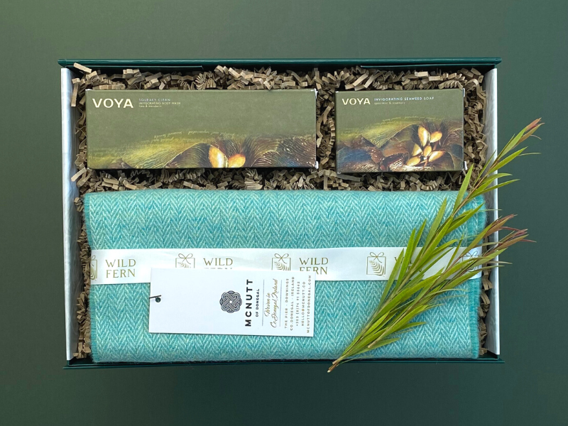 Looking for gift ideas? Gift box, made in Ireland, luxury Irish brands. Green McNutt scarf. VOYA soap and Voya body wash.  Locally made. Perfect for corporate gift and occasion gifts .  