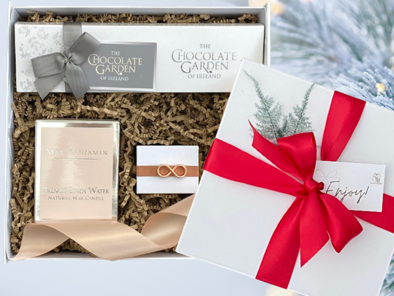 Looking for gift ideas? ladies gift box, made in Ireland, luxury Irish brands. Max Benjamin.  Tipperary Crystal Earrings. Chocolate. Locally made. Perfect for corporate gift and occasion gifts .  Tipperary crystal earrings