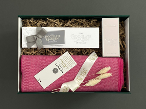 Looking for gift ideas? ladies gift box, made in Ireland, luxury Irish brands. Max Benjamin Hand Cream. Raspberry  McNutt scarf. Box of Chocolate. Locally made. Perfect for corporate gift and occasion gifts .  
