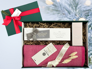 Looking for gift ideas? ladies gift box, made in Ireland, luxury Irish brands. Max Benjamin Hand Cream. Raspberry  McNutt scarf. Box of Chocolate. Locally made. Perfect for corporate gift and occasion gifts .  