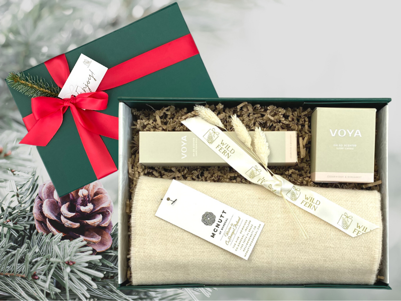 Looking for gift ideas? Gift box, made in Ireland, luxury Irish brands. VOYA candle and VOYA room spray. Cream  McNutt scarf. Chocolate. Locally made. Perfect for corporate gift and occasion gifts .  