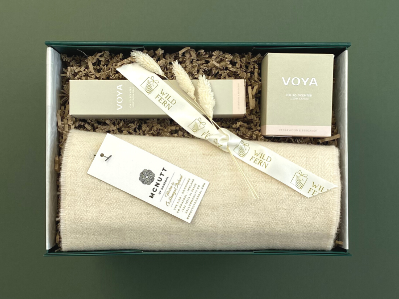 Looking for gift ideas? Gift box, made in Ireland, luxury Irish brands. VOYA candle and VOYA room spray. Cream  McNutt scarf. Chocolate. Locally made. Perfect for corporate gift and occasion gifts .  