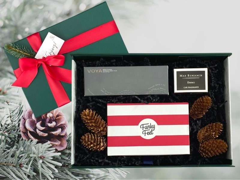 Christmas hamper For the man that has everything. Looking for gift ideas? Gift box, made in Ireland, luxury Irish brands. Max Benjamin car fragrance. VOYA body wash. Tipperary Crustal funky socks.  Locally made. Perfect for corporate gift and occasion gifts .  