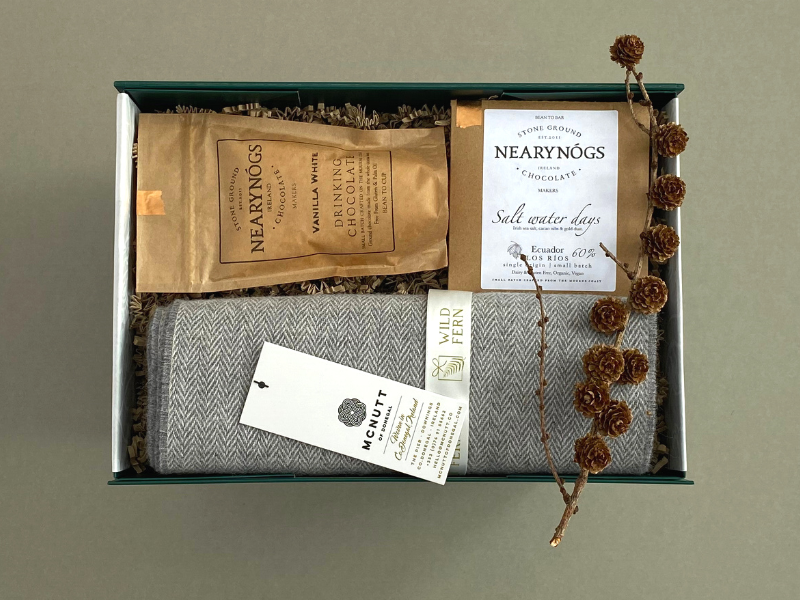 Looking for corporate gift ideas? Welcome back to the office.  Gift box, made in Ireland, luxury Irish brands. Luxury hot chocolate. Chocolate. Grey McNutt scarf.   Locally made. Perfect for corporate gift and occasion gifts .  