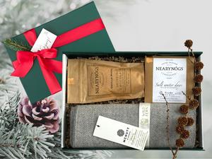 Looking for corporate gift ideas? Welcome back to the office.  Gift box, made in Ireland, luxury Irish brands. Luxury hot chocolate. Chocolate. Grey McNutt scarf.   Locally made. Perfect for corporate gift and occasion gifts .  