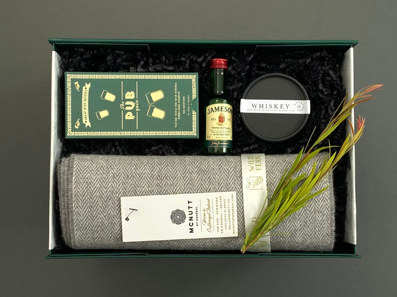 For the man that has everything. Looking for gift ideas? Gift box, made in Ireland, luxury Irish brands. Whiskey Truffles. Small Jameson Whiskey. Irish Pub Quiz game. Grey Mcnutt scarf.  Locally made. Perfect for corporate gift and occasion gifts .  