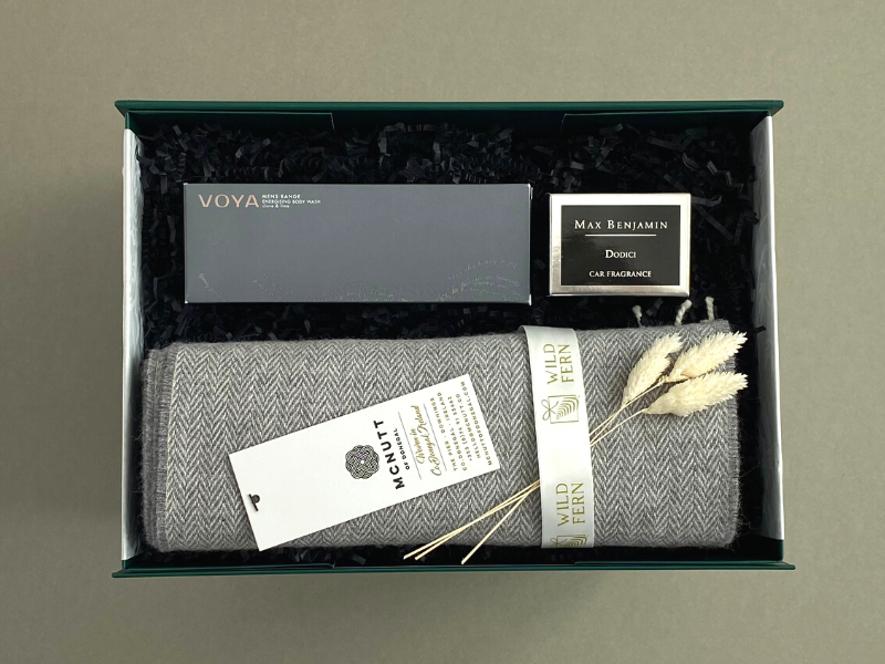 For the man that has everything. Looking for gift ideas? Gift box, made in Ireland, luxury Irish brands. Max Benjamin car fragrance. Grey McNutt scarf. VOYA body wash.  Locally made. Perfect for corporate gift and occasion gifts .  