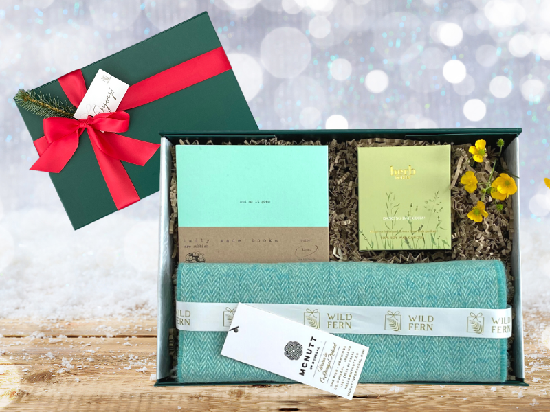 christmas gift Looking for gift ideas? Gift box, made in Ireland, luxury Irish brands. McNutt green scarf. Herb Dublin candle.Green badly made books.  Locally made. Perfect for corporate gift and occasion gifts .  