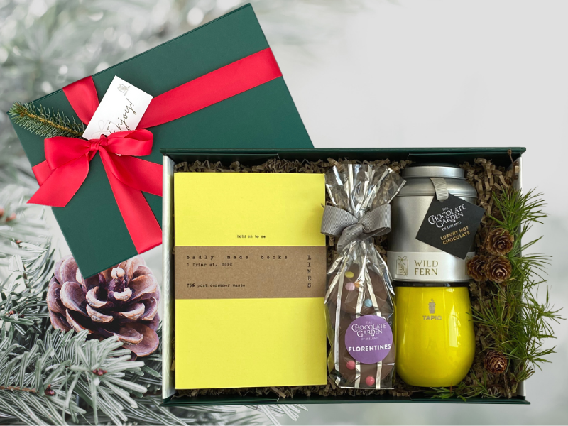 christmas gift Looking for corporate gift ideas? Welcome back to the office.  Gift box, made in Ireland, luxury Irish brands. Stylish keep cup. Luxury Chocolate and hot chocolate. Badly made books notebook.   Locally made. Perfect for corporate gift and occasion gifts .  