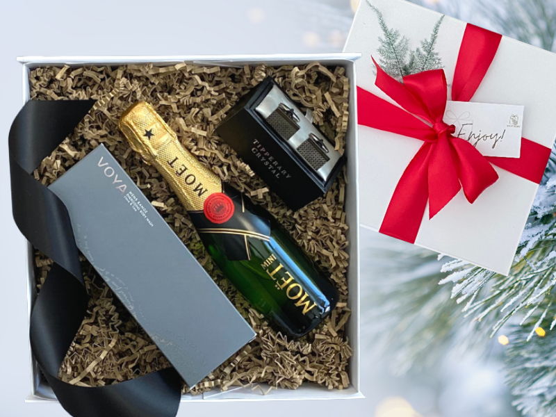 christmas gift For the man that has everything. Looking for gift ideas? Gift box, made in Ireland, luxury Irish brands. Moet snipe champagne. Tipperary Crystal cufflinks. VOYA body wash.  Locally made. Perfect for corporate gift and occasion gifts .  