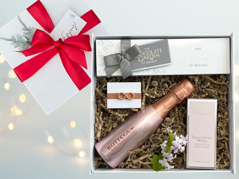 christmas gift Looking for gift ideas? ladies gift box, made in Ireland, luxury Irish brands. Max Benjamin hand cream. Prosecco. Tipperary Crystal Earrings. Box of Chocolate. Locally made. Perfect for corporate gift and occasion gifts