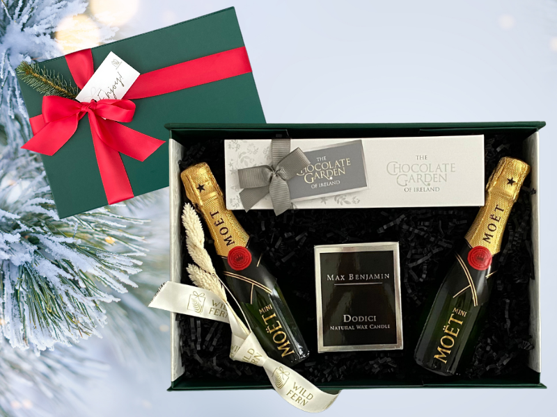 christmas gift Luxury celebration gift. Perfect for engagement or wedding gift.  Looking for gift ideas for that perfect couple? Gift box, made in Ireland, luxury Irish brands. Two Moet snipes of champagne.Max Benjamin candle. Box of chocolates.  Locally made. Perfect for corporate gift and occasion gifts .  