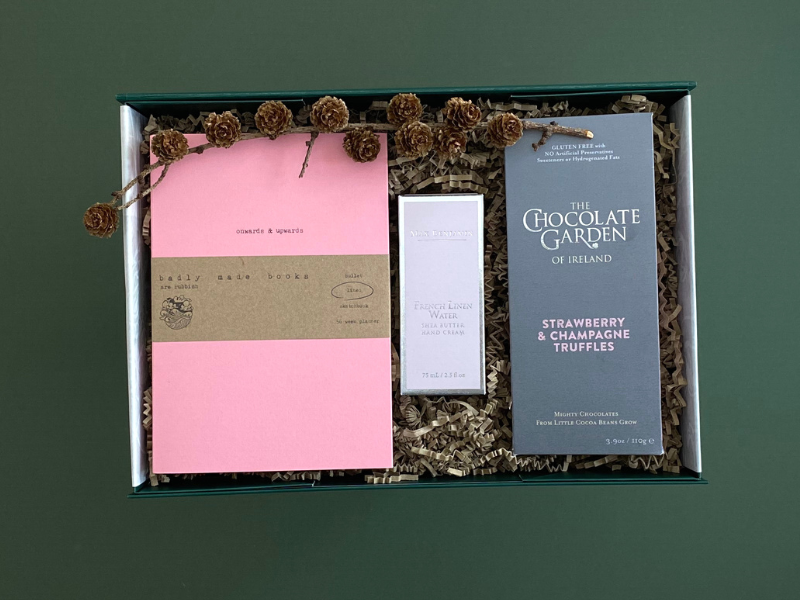 Looking for gift ideas? gift box, made in Ireland, luxury Irish brands. Max Benjamin hand cream. Chocolate. Badly made books. Box of  Chocolate. Locally made. Perfect for corporate gift and occasion gifts .  