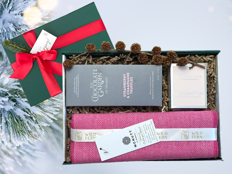 Looking for gift ideas? ladies gift box, made in Ireland, luxury Irish brands. Max Benjamin candle. Raspberry McNutt Scarf. Truffles Chocolate. Locally made. Perfect for corporate gift and occasion gifts .  