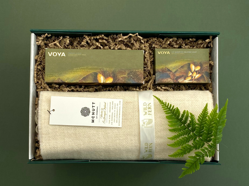 Looking for gift ideas? Gift box, made in Ireland, luxury Irish brands. Cream McNutt scarf. VOYA soap and Voya body wash.  Locally made. Perfect for corporate gift and occasion gifts .  