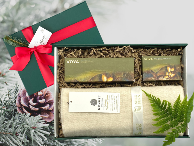 Christmas gift. Looking for gift ideas? Gift box, made in Ireland, luxury Irish brands. Cream McNutt scarf. VOYA soap and Voya body wash.  Locally made. Perfect for corporate gift and occasion gifts . 