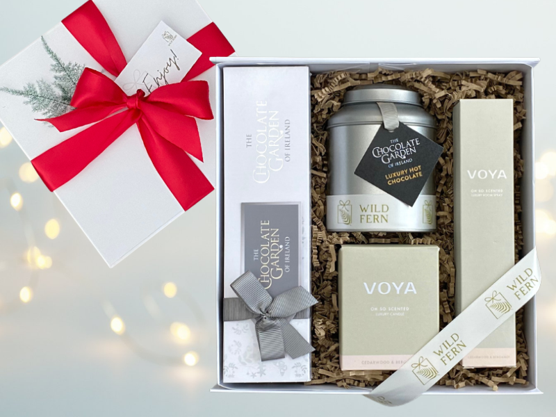 Christmas gift. Looking for gift ideas? Gift box, made in Ireland, luxury Irish brands. box of chocolate and hot chocolate.. VOYA room spray and Voya candle.  Locally made. Perfect for corporate gift and occasion gifts .  
