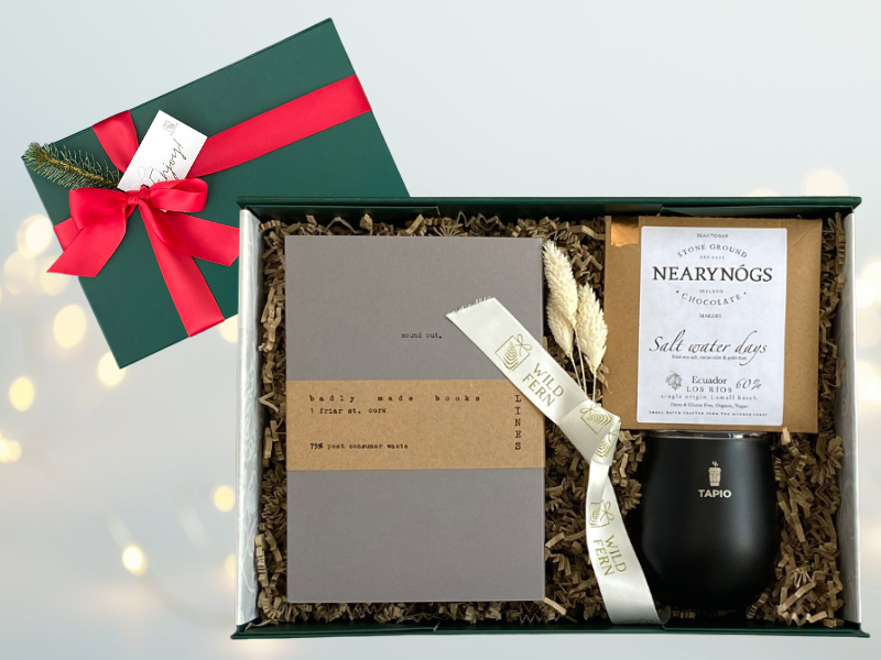 Christmas gift. Looking for corporate gift ideas? Welcome back to the office.  Gift box, made in Ireland, luxury Irish brands. Stylish keep cup. Luxury Chocolate. Badly made books notebook.   Locally made. Perfect for corporate gift and occasion gifts . 