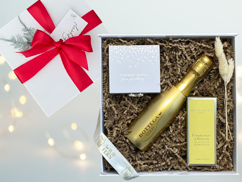 Christmas gift. Looking for gift ideas? ladies gift box, made in Ireland, luxury Irish brands. Max Benjamin handcream.  Tipperary Crystal Necklace. Prosecco. Locally made. Perfect for corporate gift and occasion gifts .  